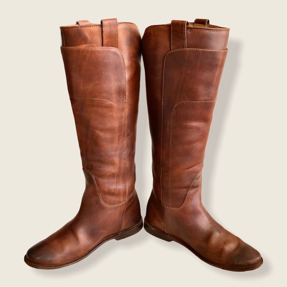 Frye Paige Cognac Knee-High Pull-On Leather Boots - Picture 12 of 16